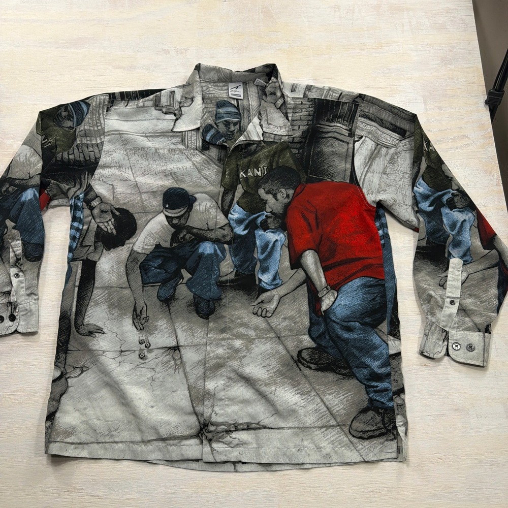 Karl Kani Button Up Shirt XL Urban Dice Graphic Print Gray Red Mens Long Sleeve